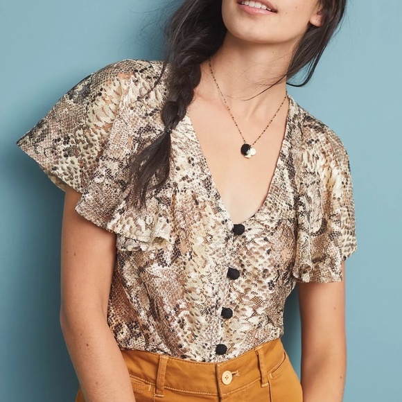 New! Anthropologie Willow Snake-Printed v-neck flutter slv Blouse 33345 - Picture 1 of 15